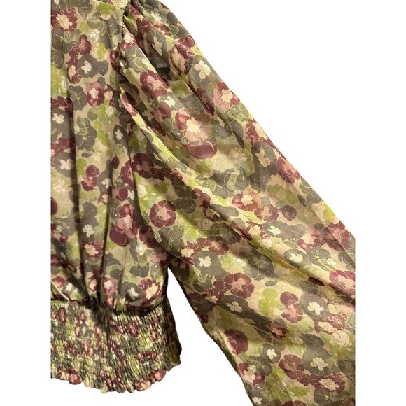 ✌️ 2/$40 ✌️ Artizia Wilfred Floral Green & Plum Plunging Neck Blouse sz M - Picture 5 of 8